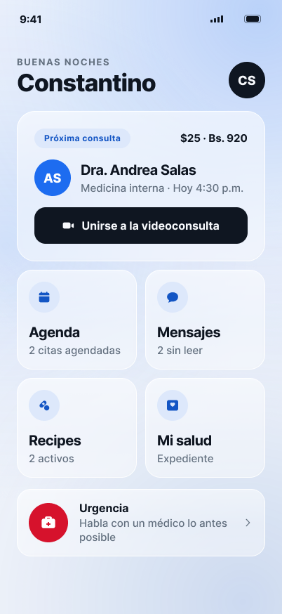 Pantalla de inicio de Pulzo con la próxima consulta y los accesos rápidos.