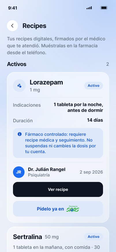 Listado de recipes activos y vencidos, con el médico que los firma.