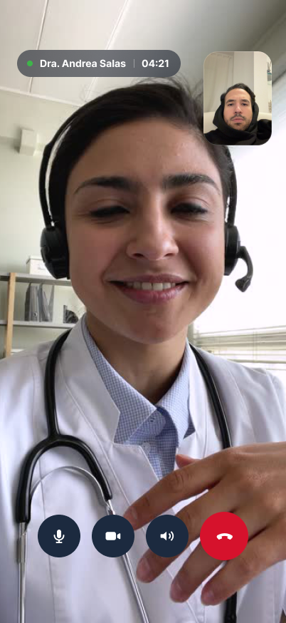Videoconsulta en curso con los controles de micrófono, cámara y colgar.